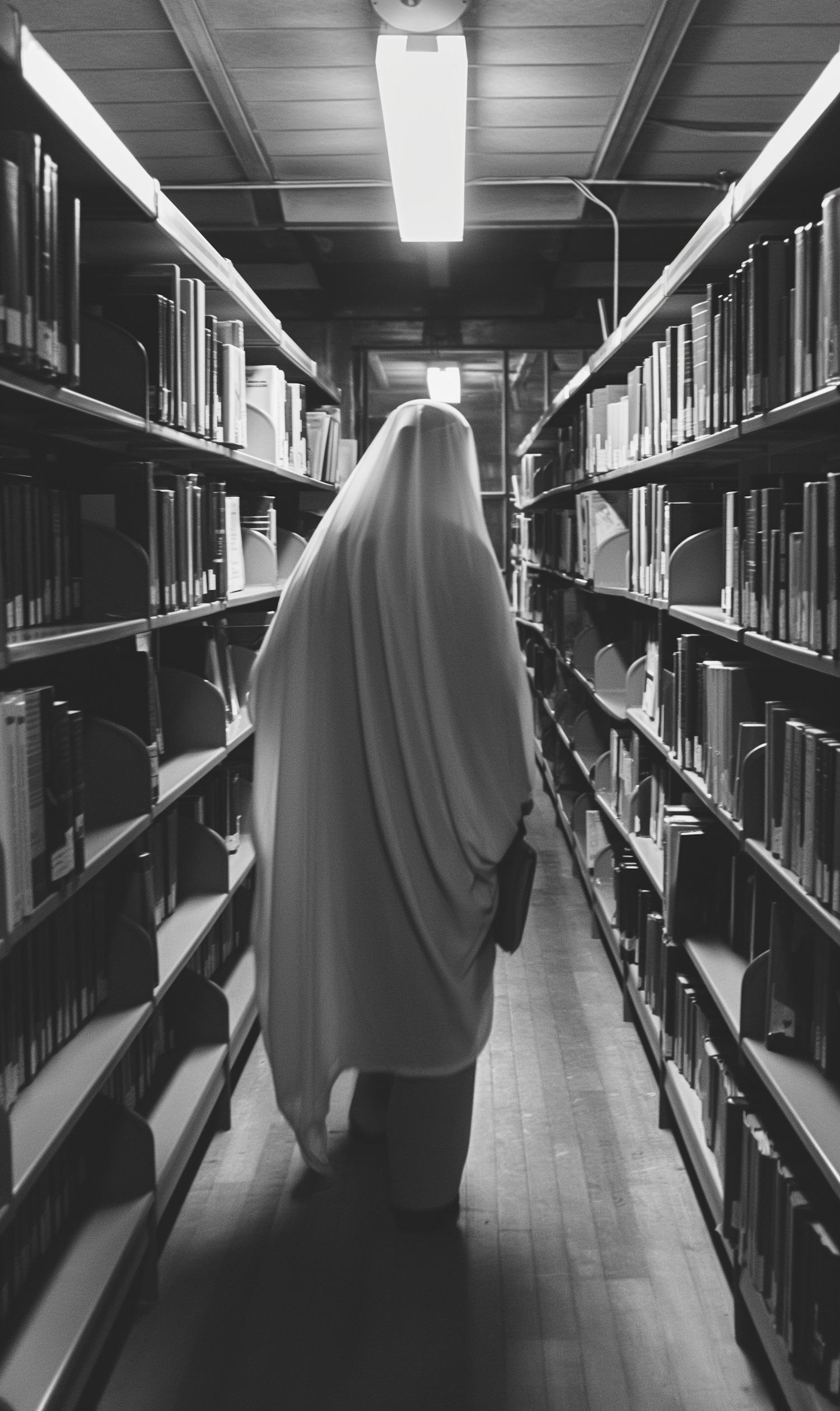 Ghostly Figure in Library Aisle