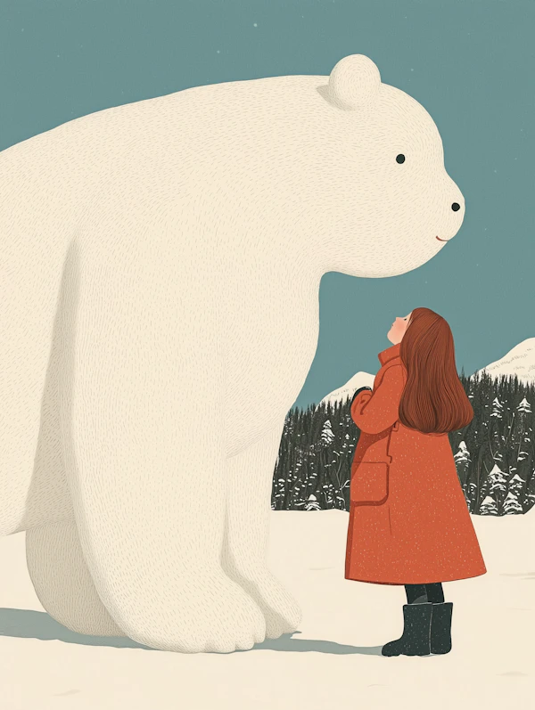 Girl and Bear in Snowy Landscape