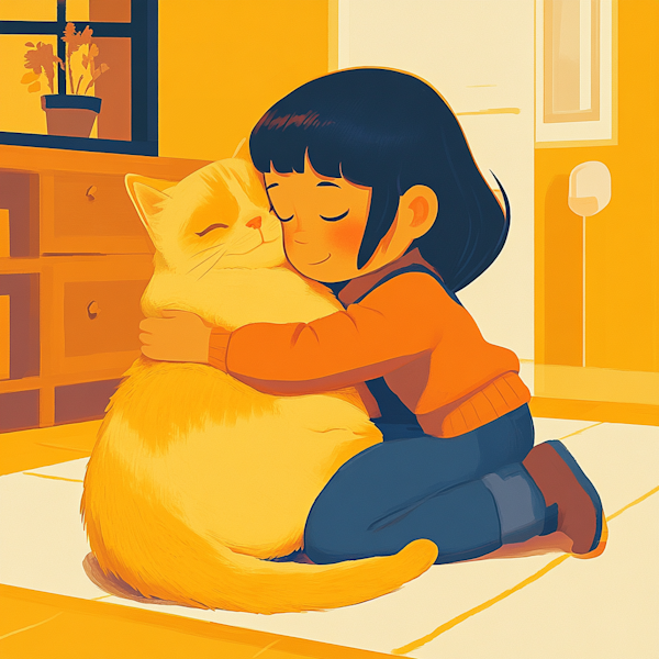 Young Girl Embracing Large Yellow Cat