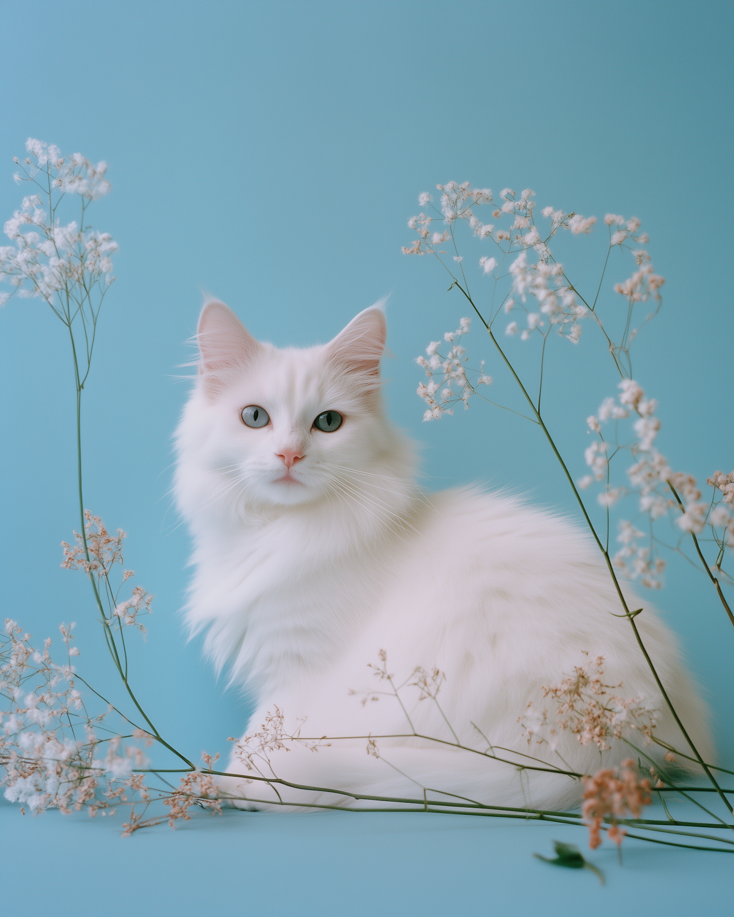 Serene White Cat with Baby's Breath