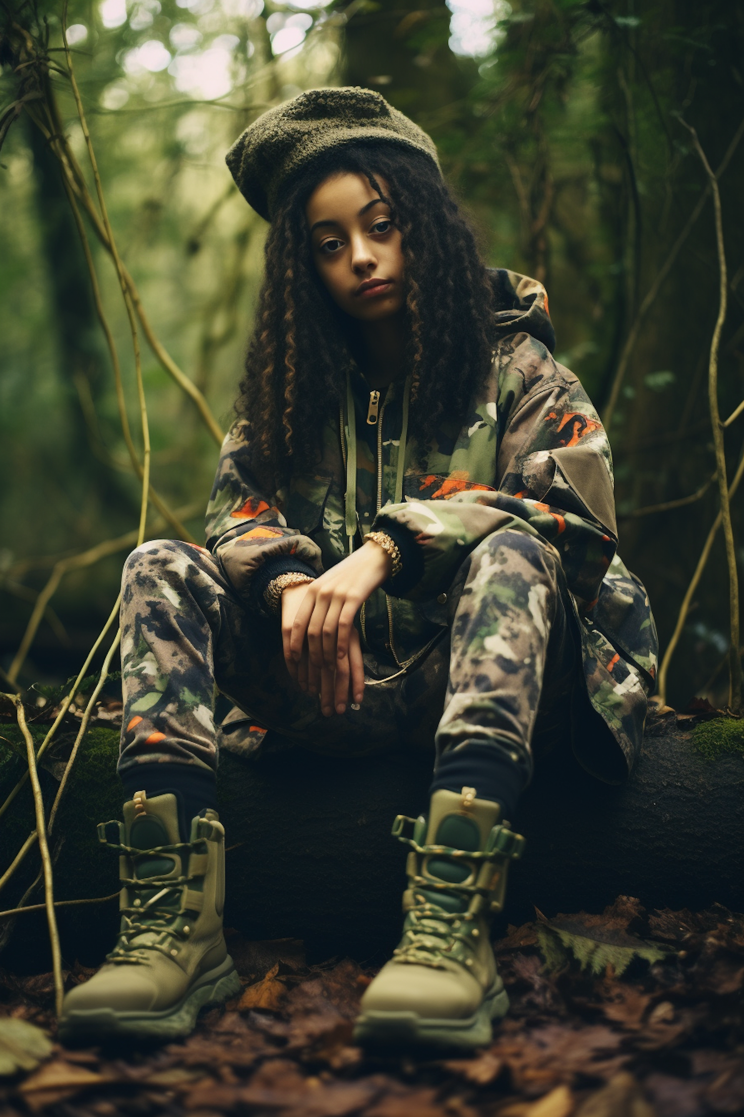 Camo Clad Woman in Woodland Serenity