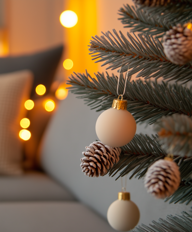 Close-up of Christmas Tree Branch with Ornaments