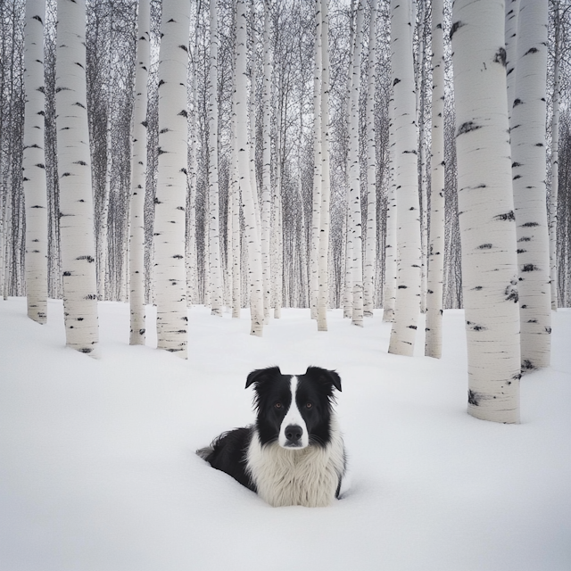 Dog in Snowy Birch Forest