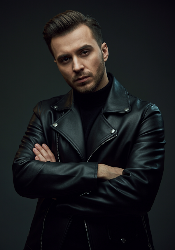 Man in Black Leather Jacket with Serious Expression