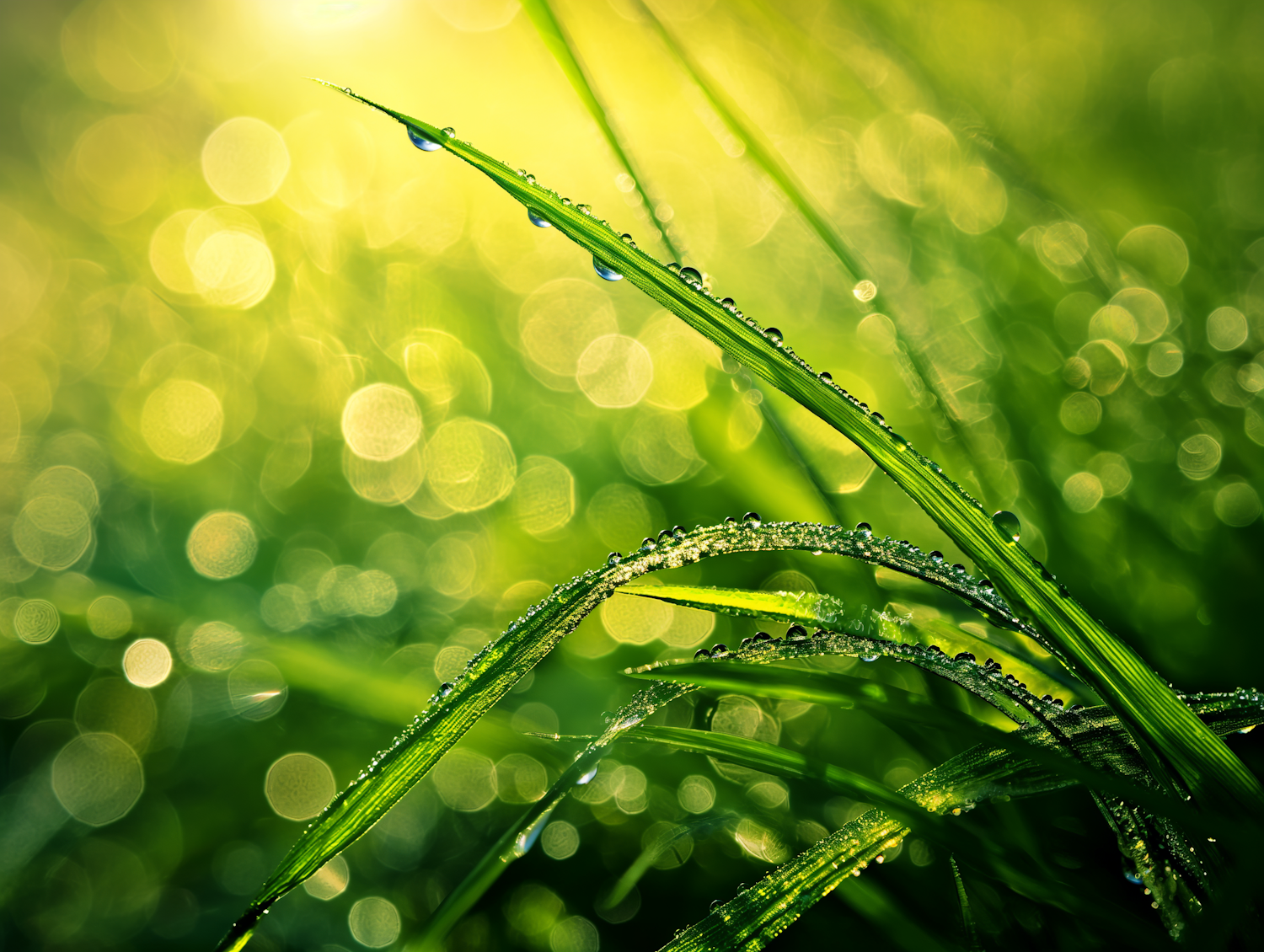 Morning Dew on Blades of Grass with Sunlight Bokeh