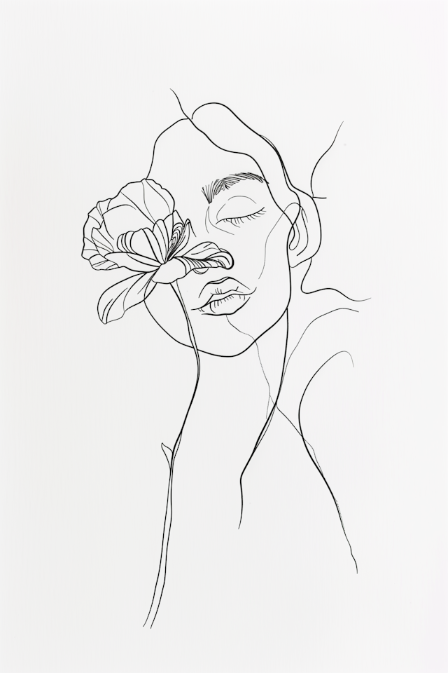 Minimalist Line Drawing of Face and Flower