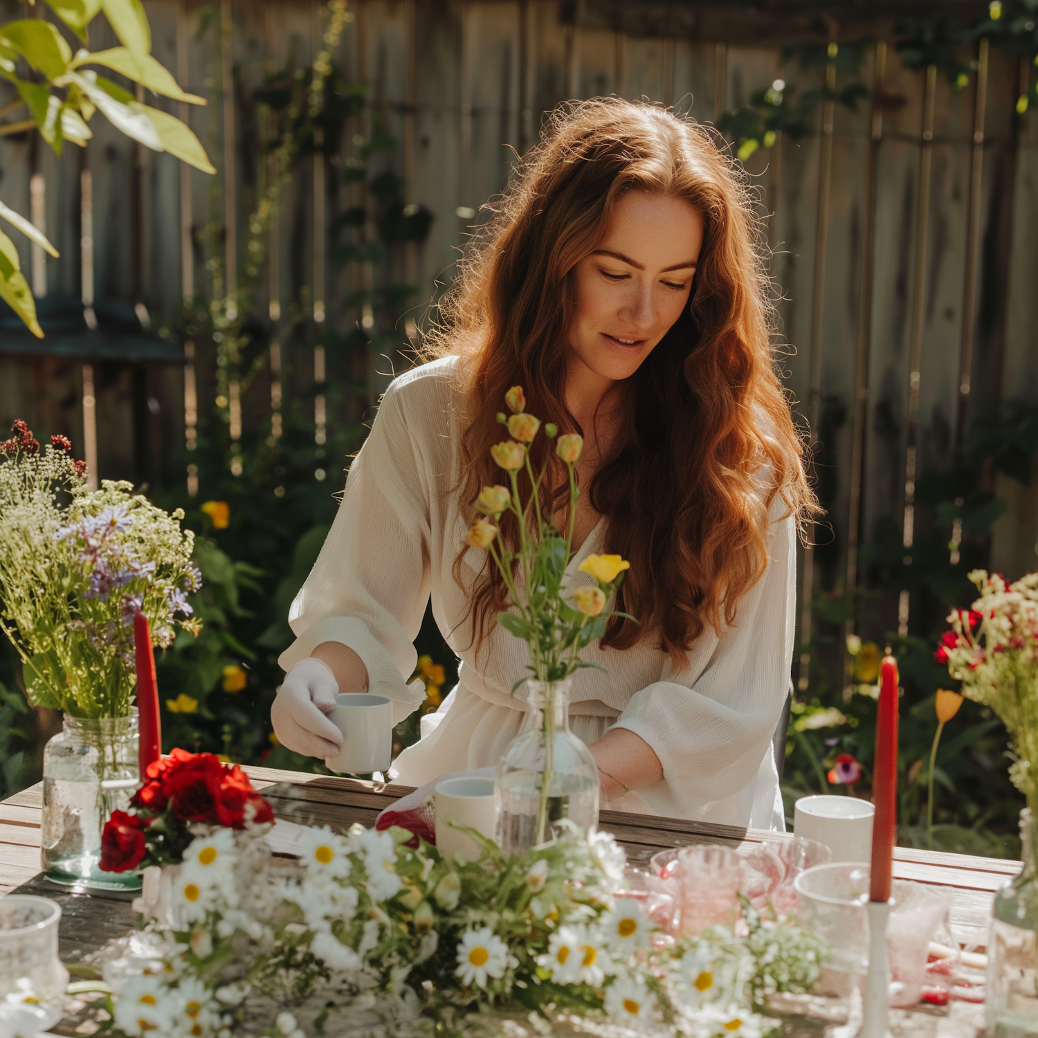 Woman Arranging Flowers Outdoors