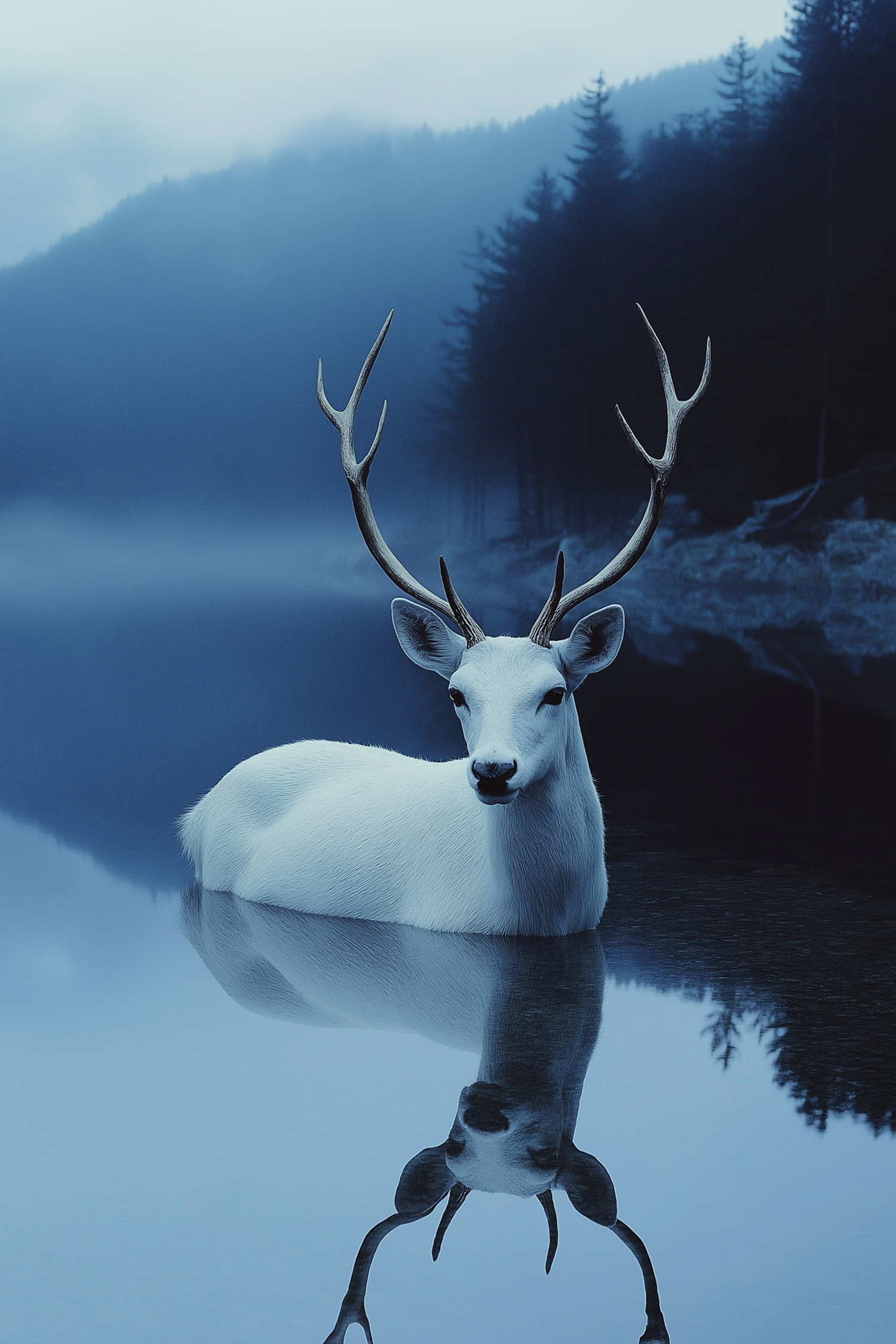 White Deer in Misty Forest