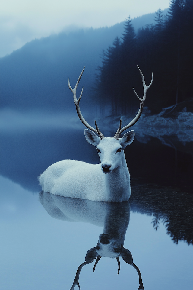 White Deer in Misty Forest