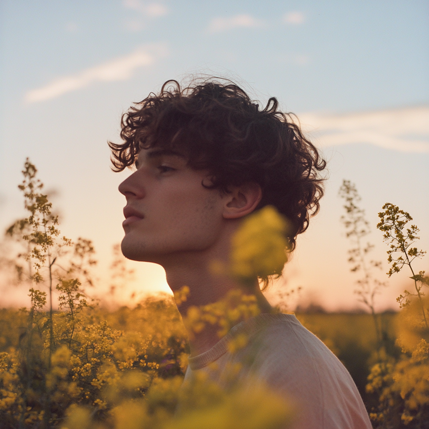 Contemplative Moment in a Field of Flowers