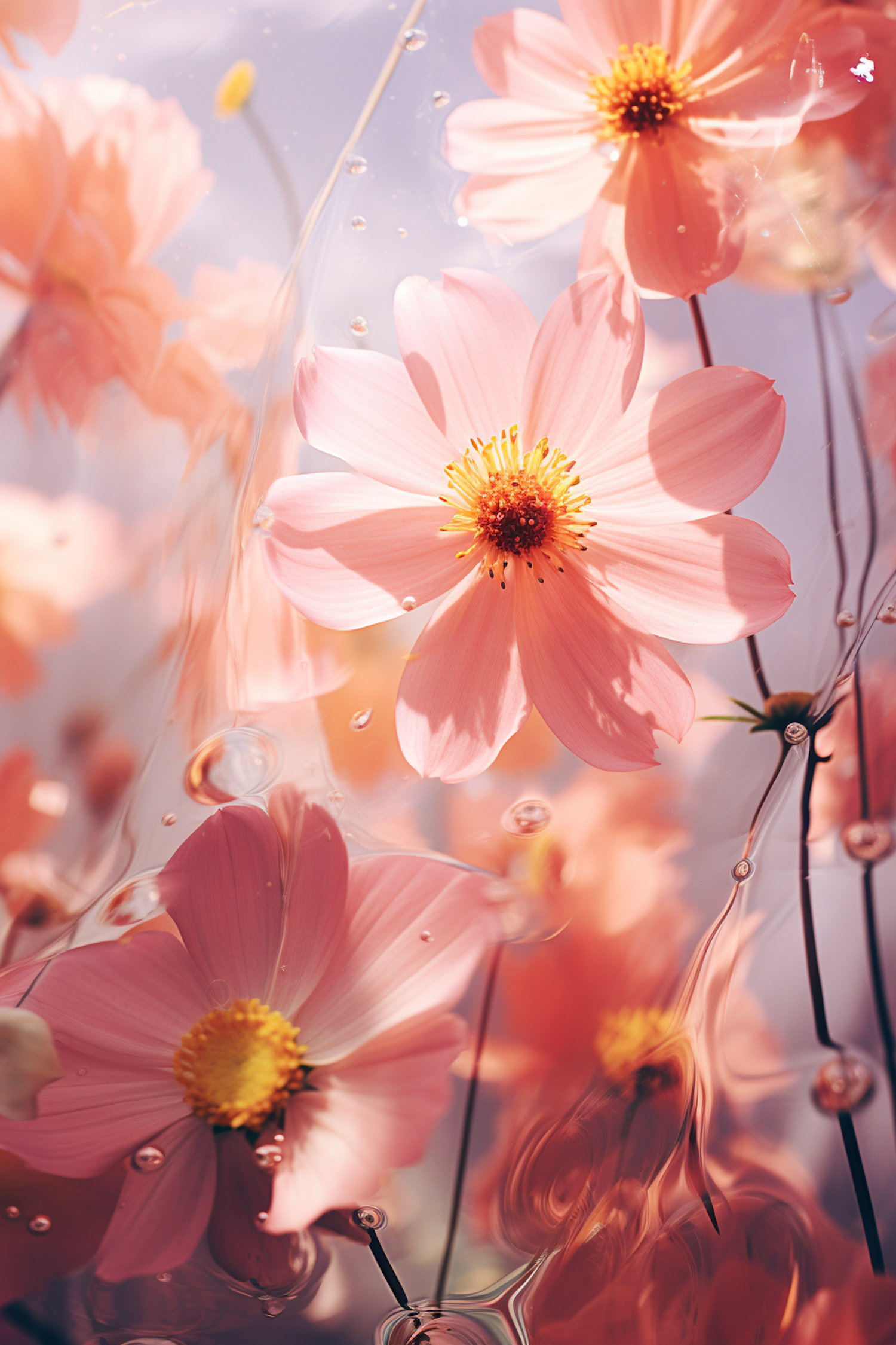 Ethereal Whimsy: Sunlit Pink Cosmos and Crystal Bubbles