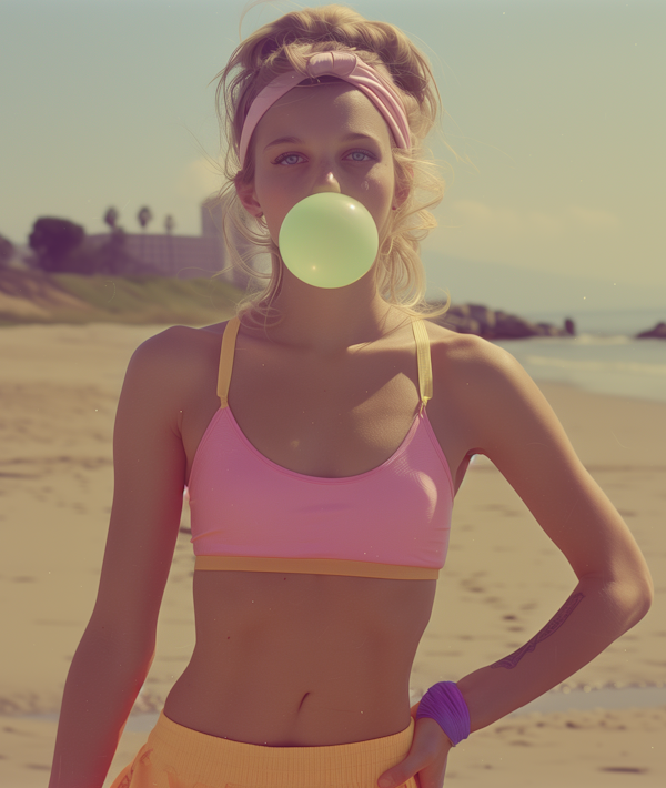 Young Woman Blowing Bubblegum on Beach