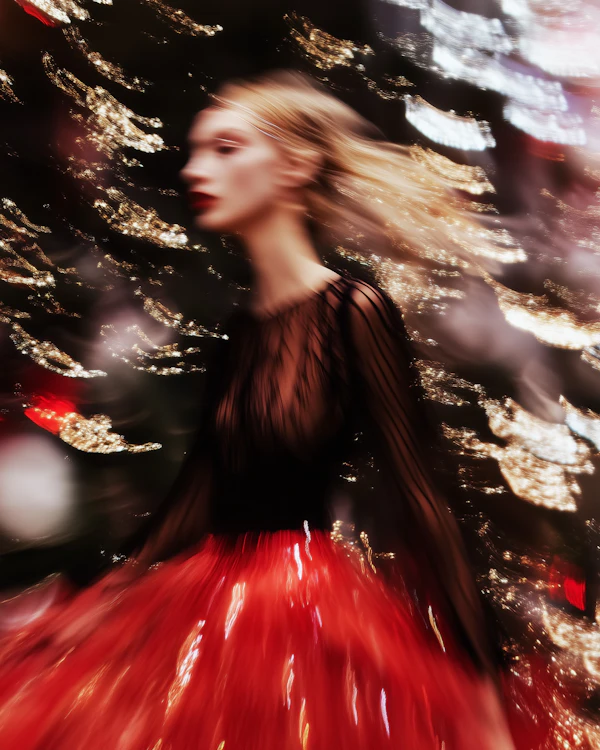 Dynamic Woman in Red Dress