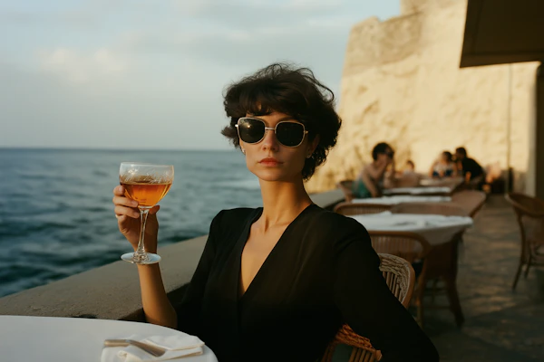 Elegant Woman at Seaside Café