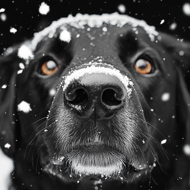 Snowy Black Dog Close-Up