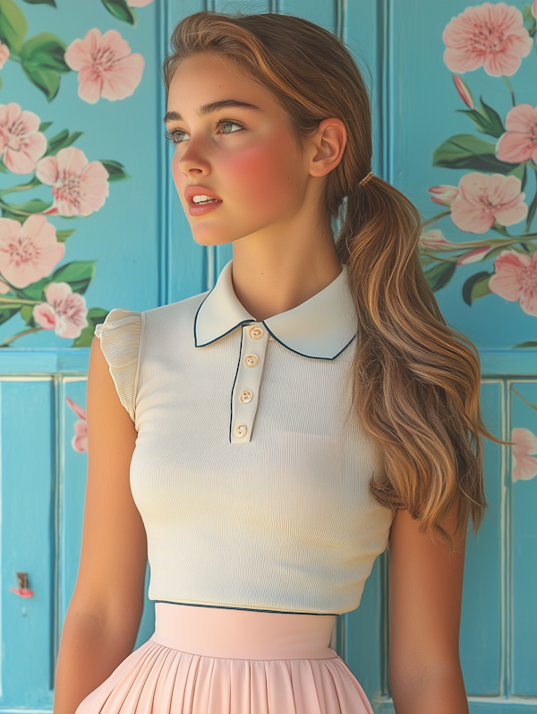 Serene Young Woman with Floral Background