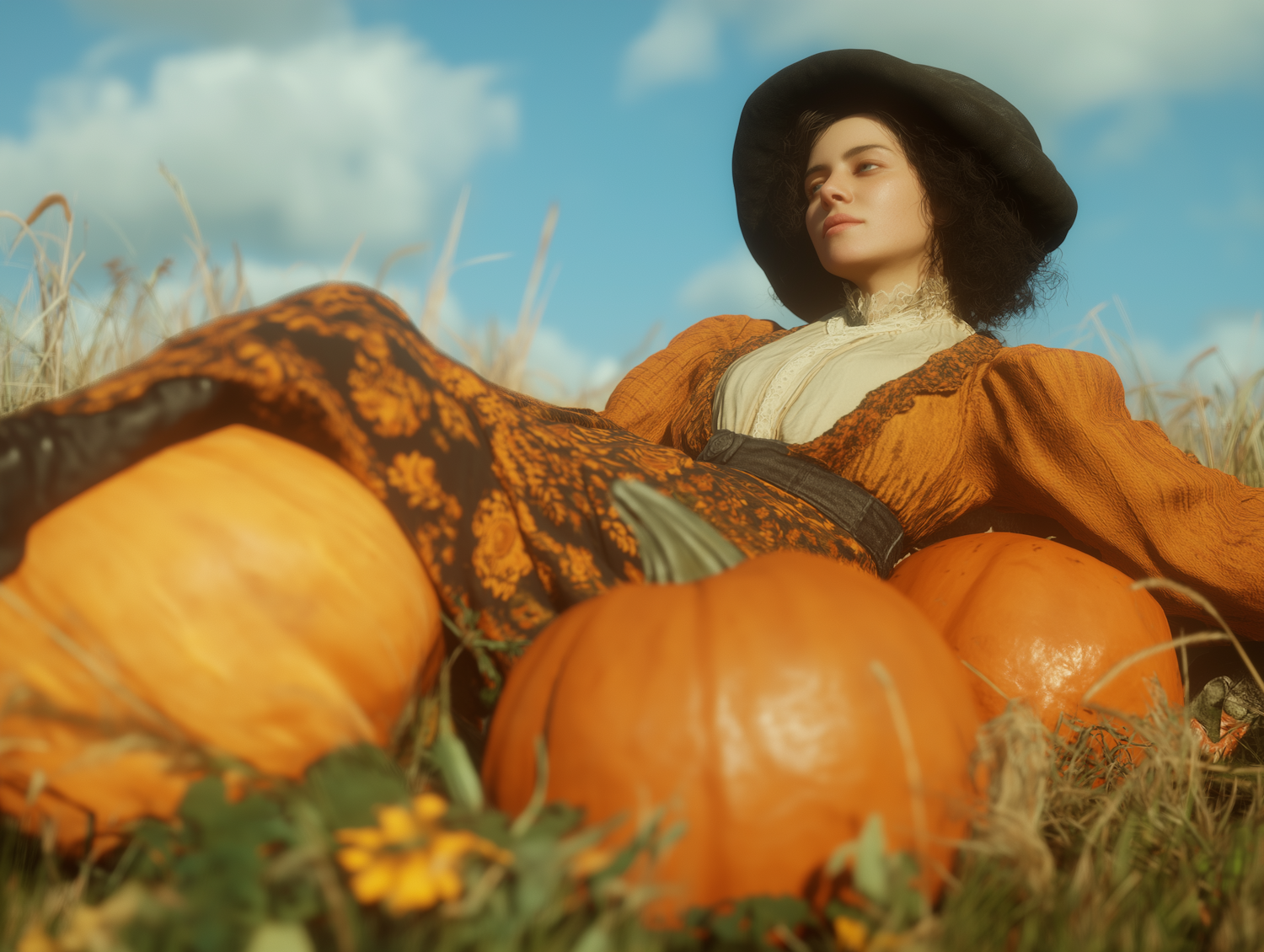 Woman Reclining in Pumpkin Field