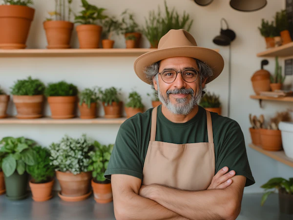 Gardener with Potted Plants