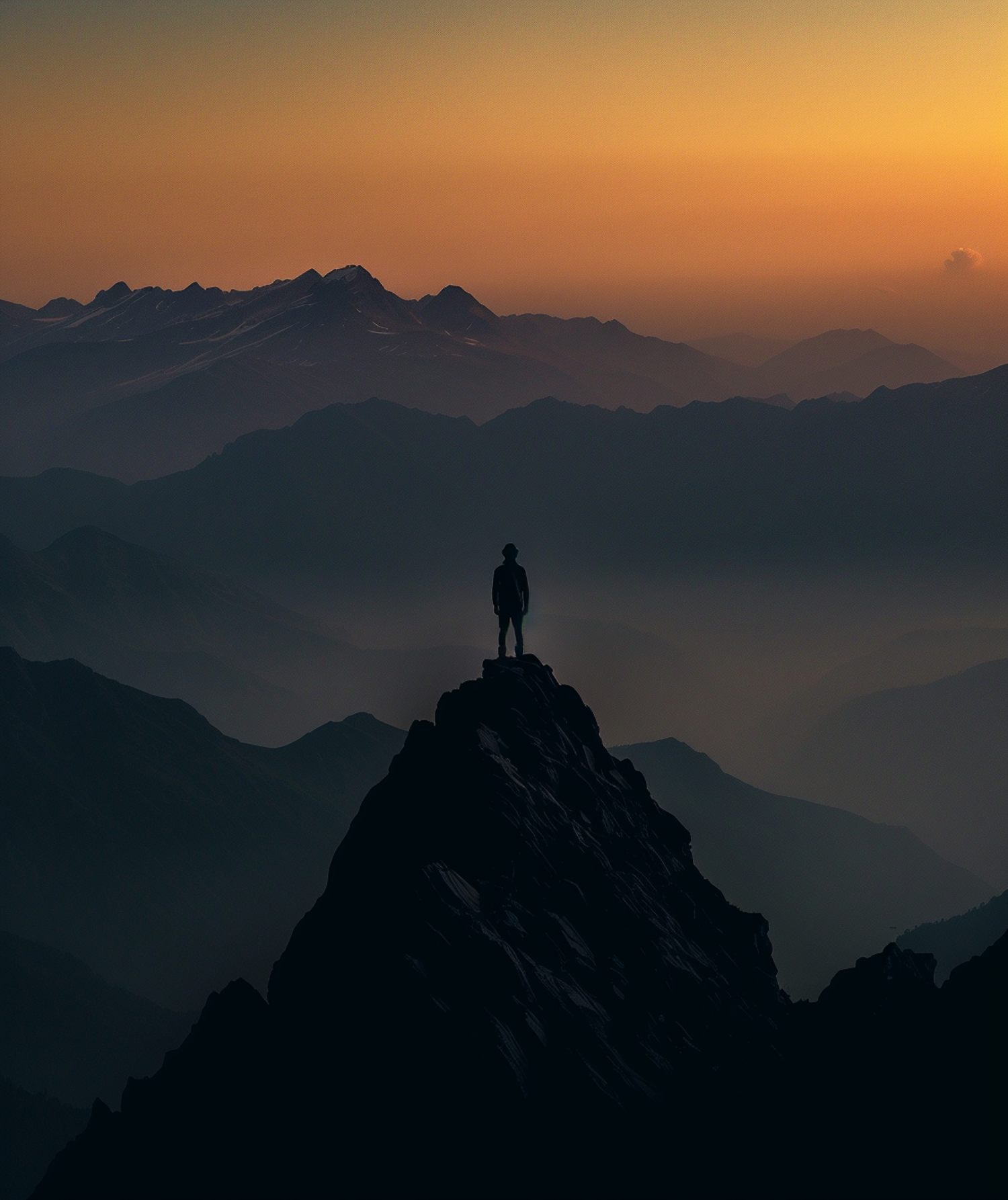 Solitary Figure on Mountain Peak at Sunrise or Sunset