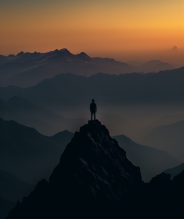 Solitary Figure on Mountain Peak at Sunrise or Sunset