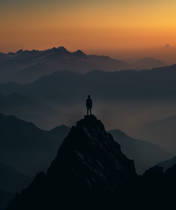 Solitary Figure on Mountain Peak at Sunrise or Sunset