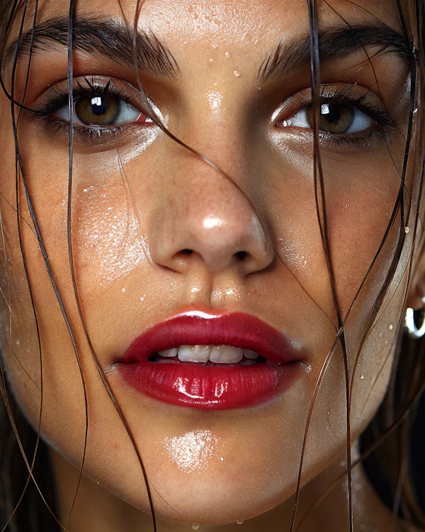 Close-up of Woman's Face with Water Droplets