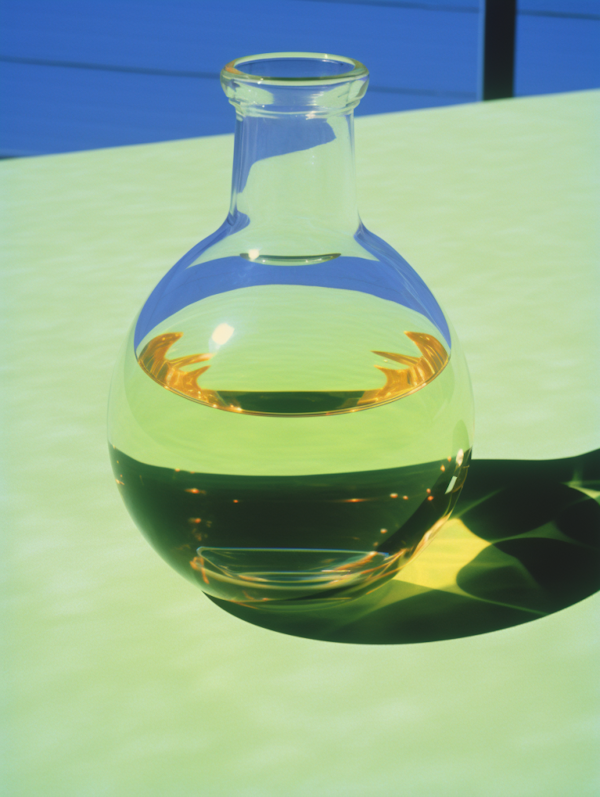 Radiant Yellow Liquid in Laboratory Flask with Blue Backdrop
