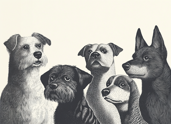 Group of Five Dogs Illustration