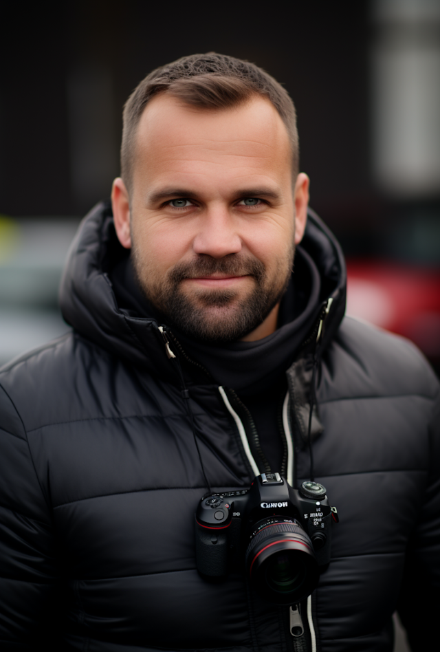 Confident Photographer in Winter Garb