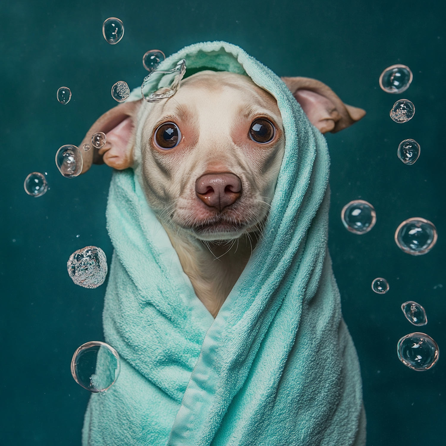 Dog Wrapped in Towel with Bubbles