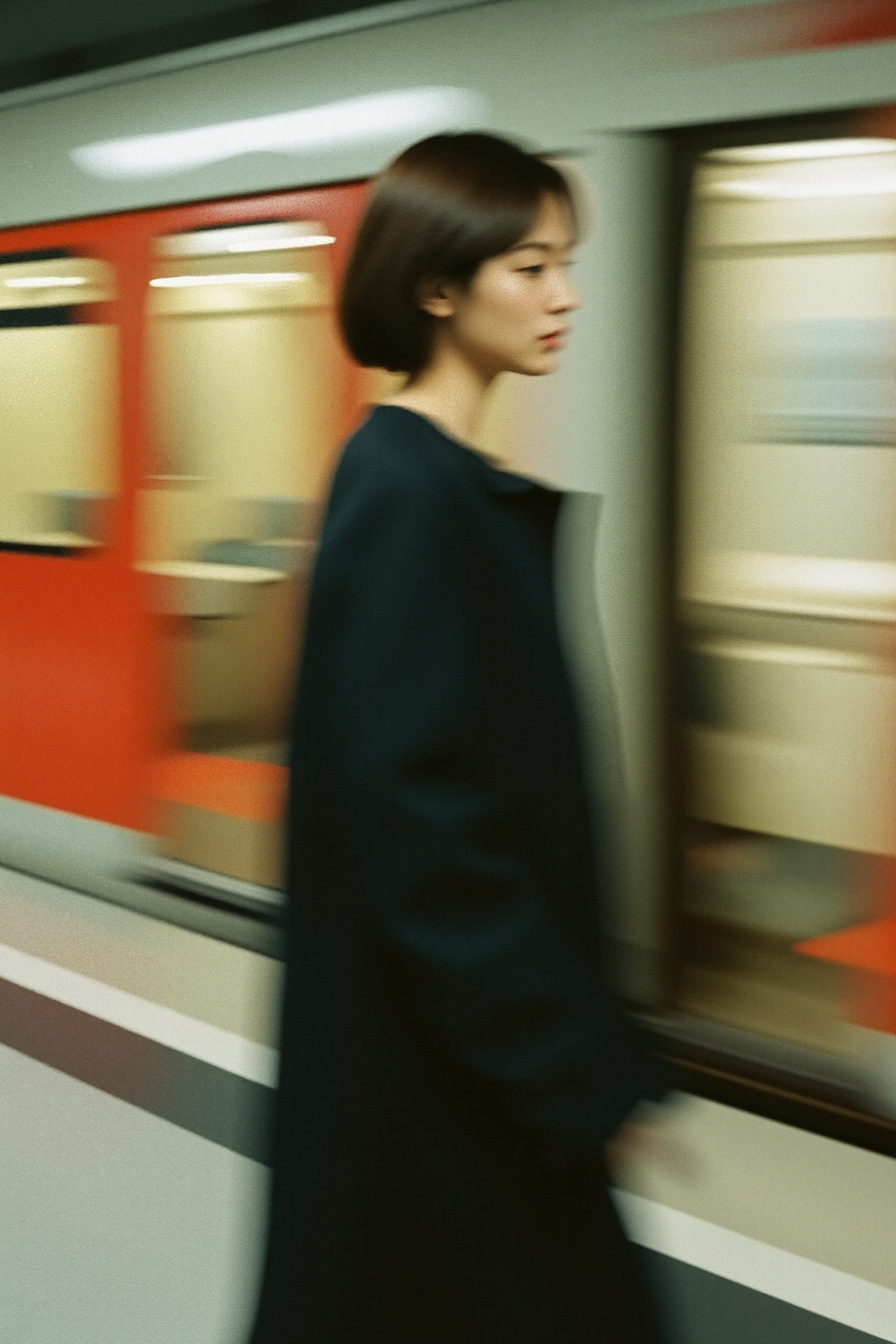 Woman Walking Past Moving Train