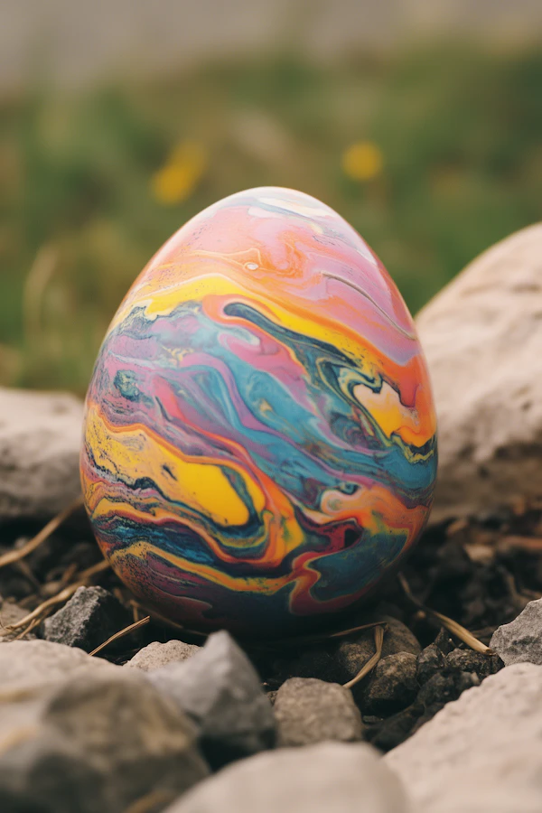 Intricately Painted Egg on Rocks