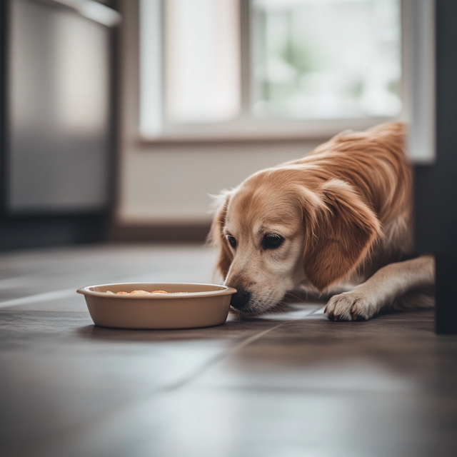 Golden Retriever Puppy with Food Bowl