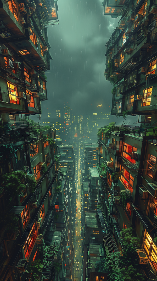 Rainy Night Urban Cityscape