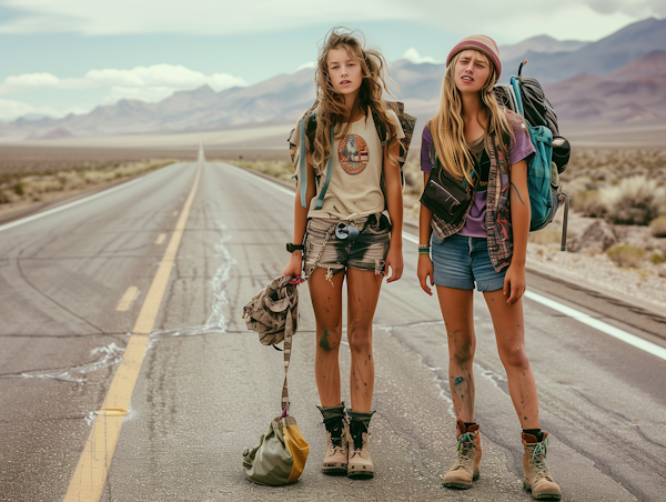 Exhausted Teenage Hikers on Remote Road