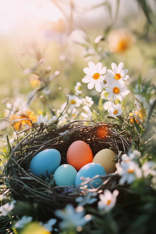 Springtime Nest with Colorful Eggs