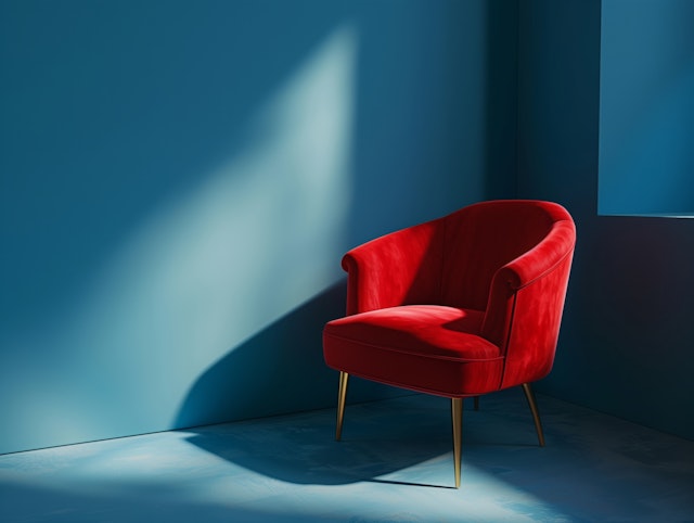 Red Armchair Against Blue Wall