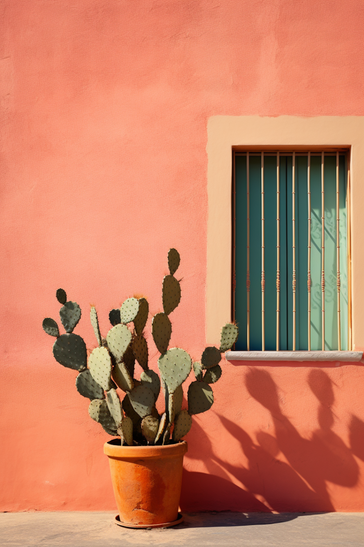 Sunlit Prickly Pear in Terracotta Pot Against Coral Wall