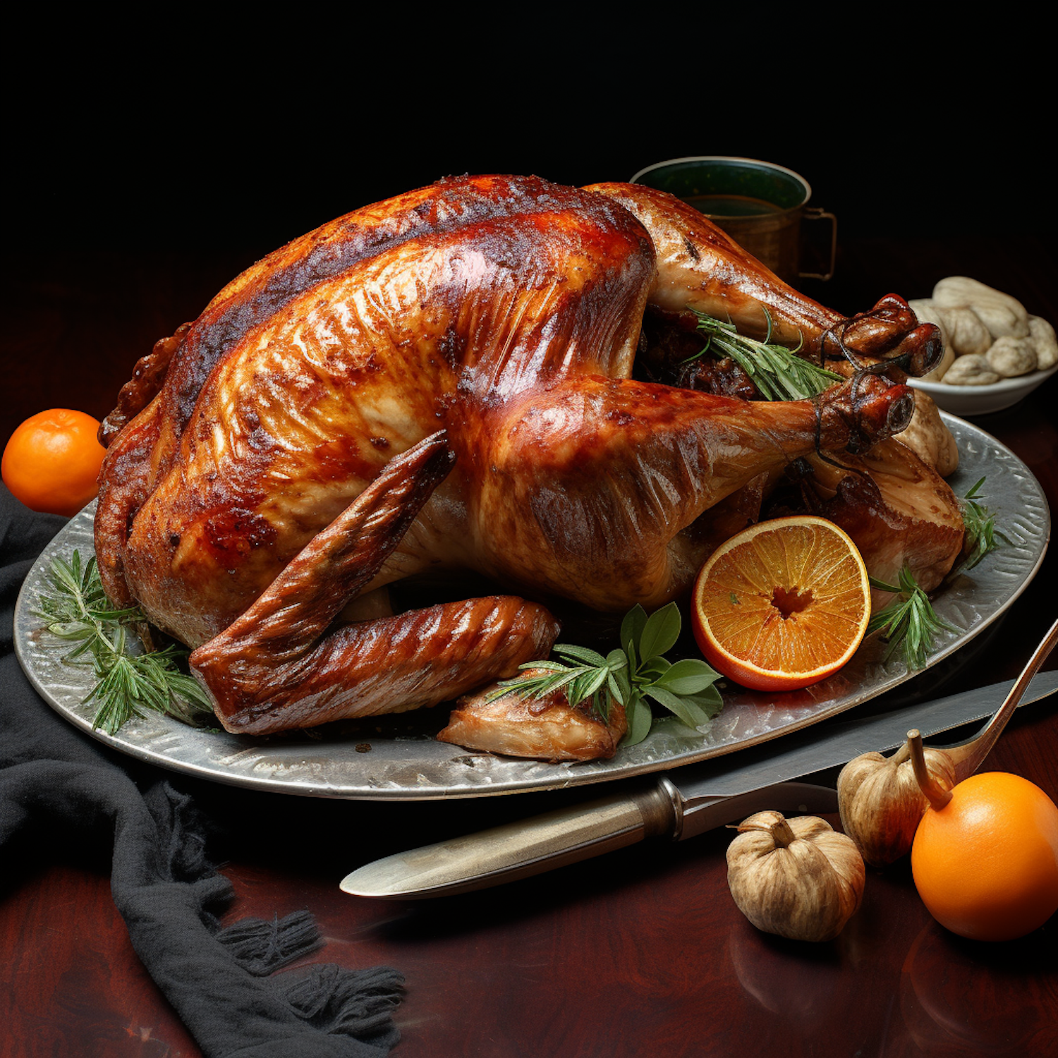 Golden-Brown Roasted Turkey with Citrus and Herb Garnish