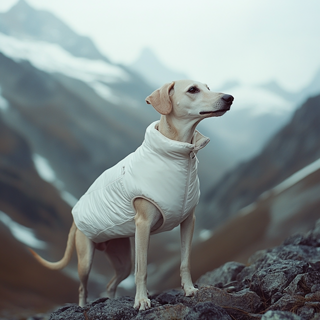 Dog in Puffer Vest on Rocky Terrain