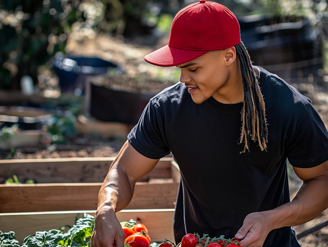 Young Man Harvesting Tomatoes