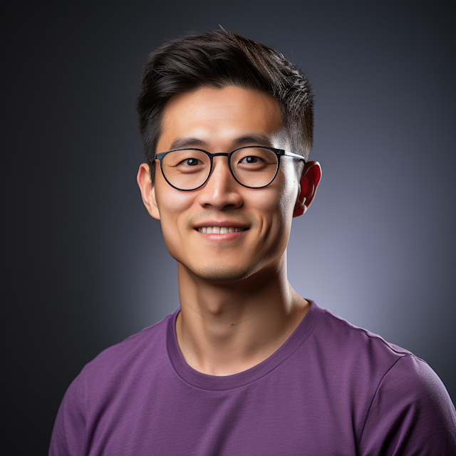 Confident Smiling Asian Man with Stylish Glasses