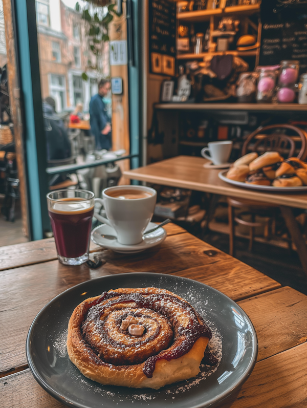 Cozy Café Scene with Cinnamon Roll