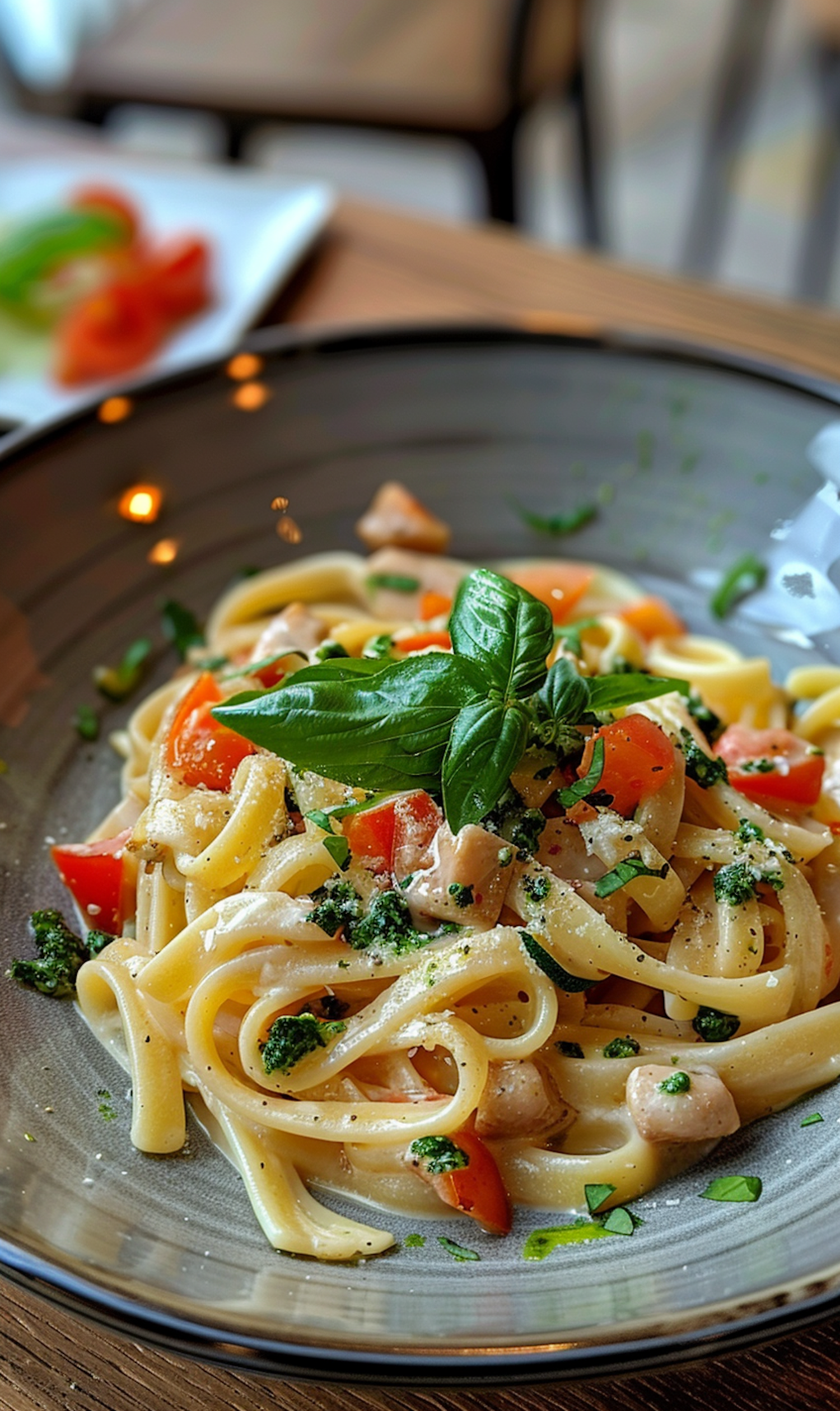 Vibrant Plate of Pasta with Chicken and Vegetables