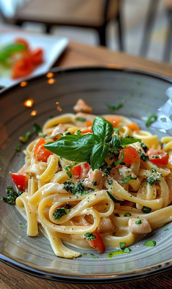 Vibrant Plate of Pasta with Chicken and Vegetables