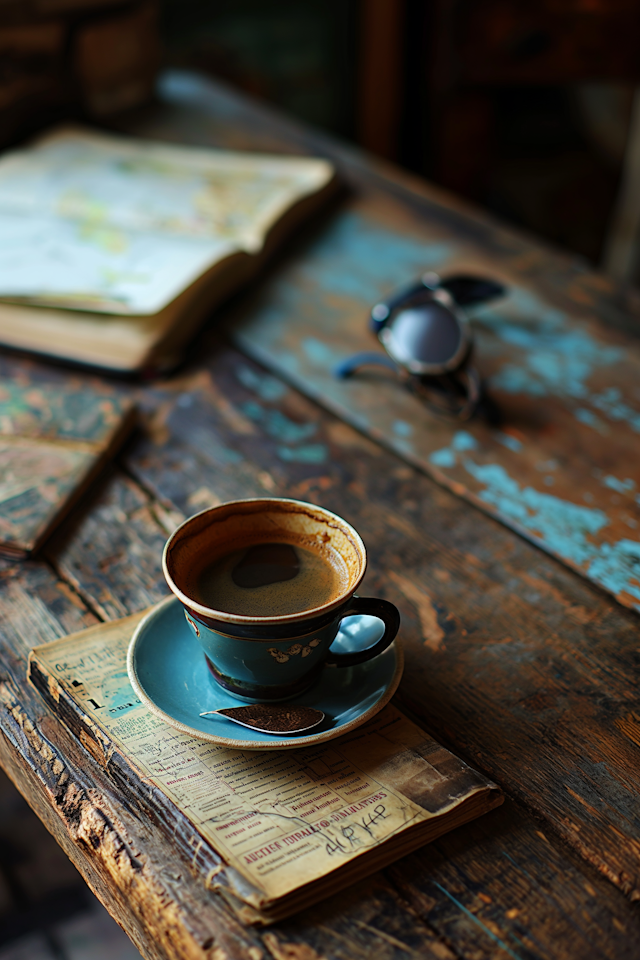 Vintage Elegance: Turquoise Coffee Cup on Literary Backdrop