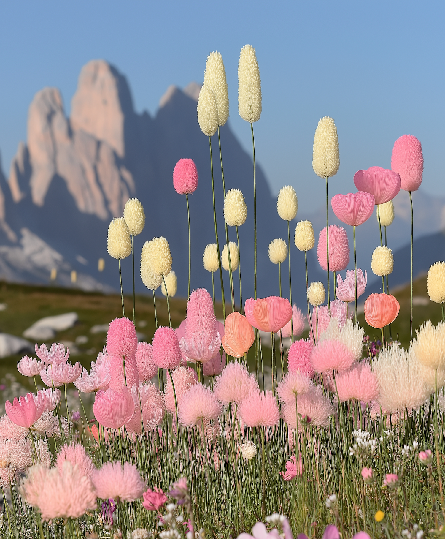 Vibrant Field of Flowers with Mountain Backdrop