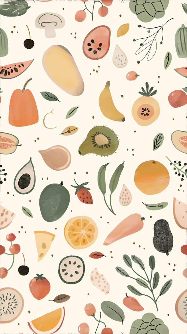 Colorful Assortment of Illustrated Fruits and Vegetables