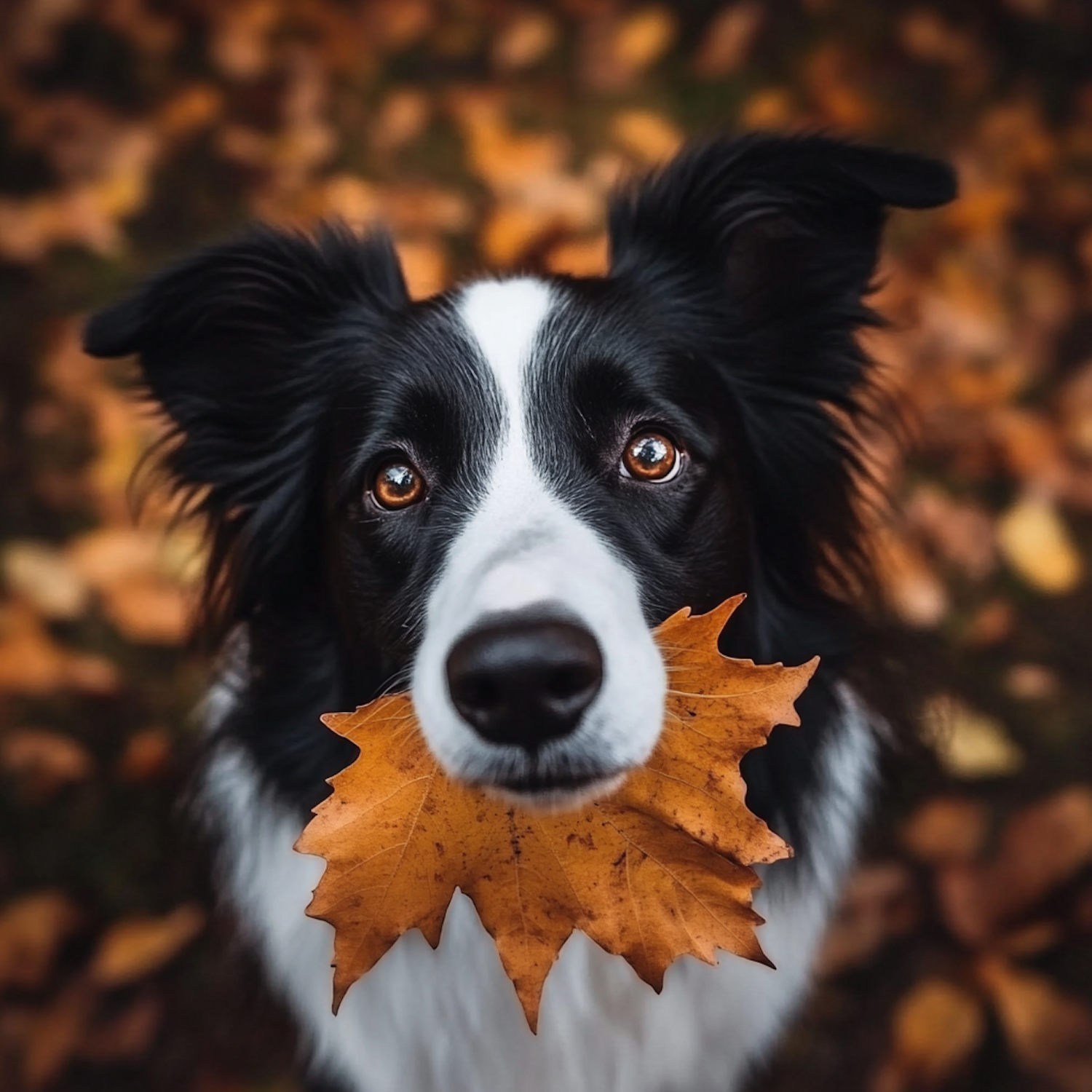 Border Collie with Autumn Leaf