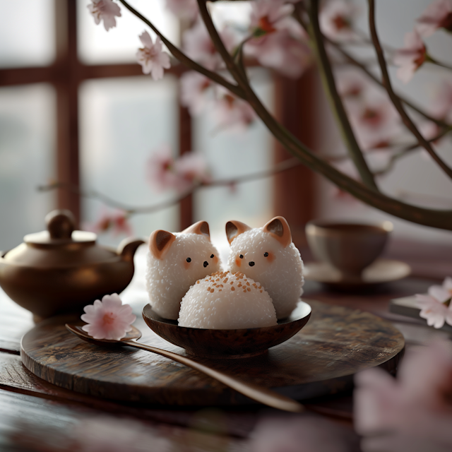 Cat-shaped Rice Balls with Cherry Blossoms